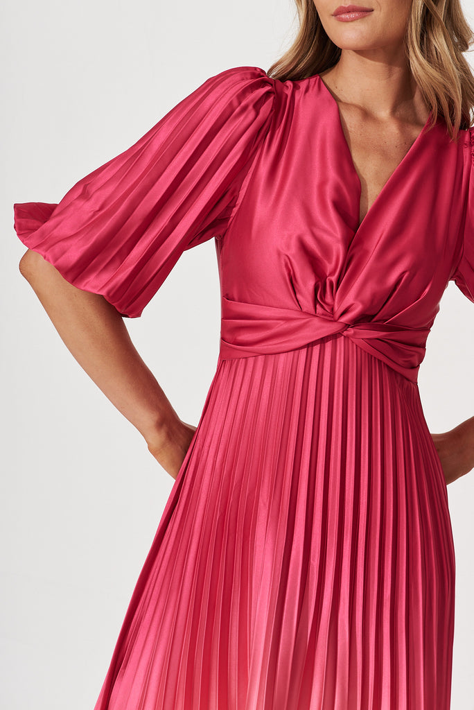 Florence Midi Dress In Hot Pink Ombre Pleated Satin - detail
