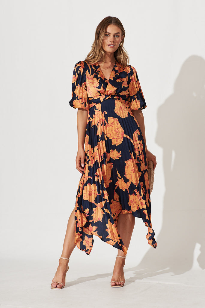 Florence Midi Dress In Navy With Apricot Floral Print Pleated Satin - full length