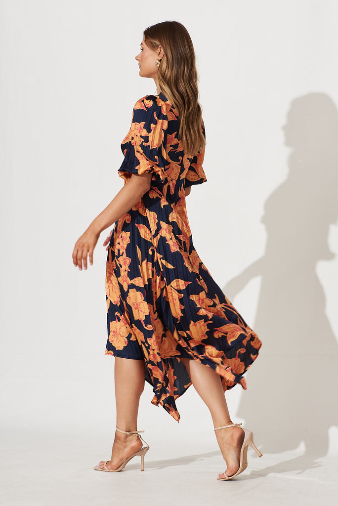 Florence Midi Dress In Navy With Apricot Floral Print Pleated Satin - side