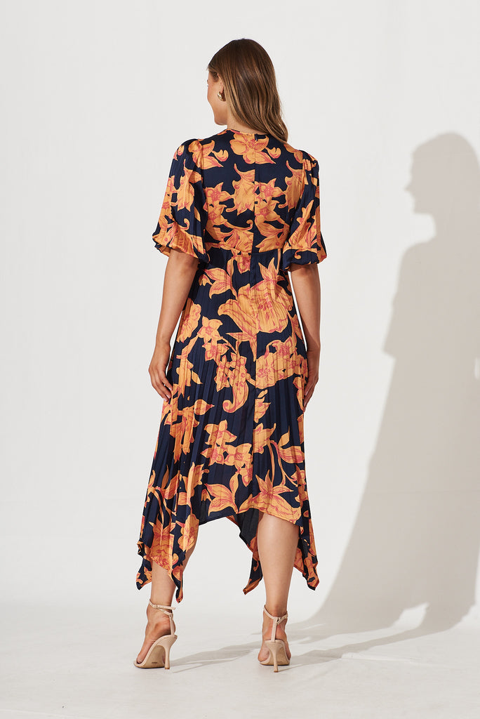 Florence Midi Dress In Navy With Apricot Floral Print Pleated Satin - back