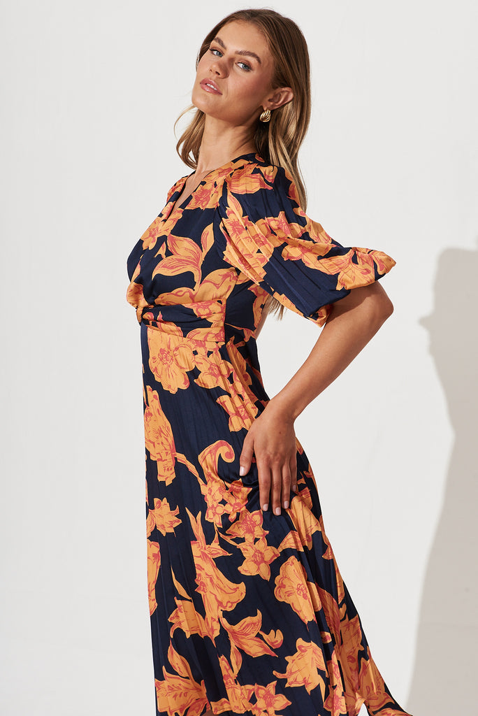 Florence Midi Dress In Navy With Apricot Floral Print Pleated Satin - detail