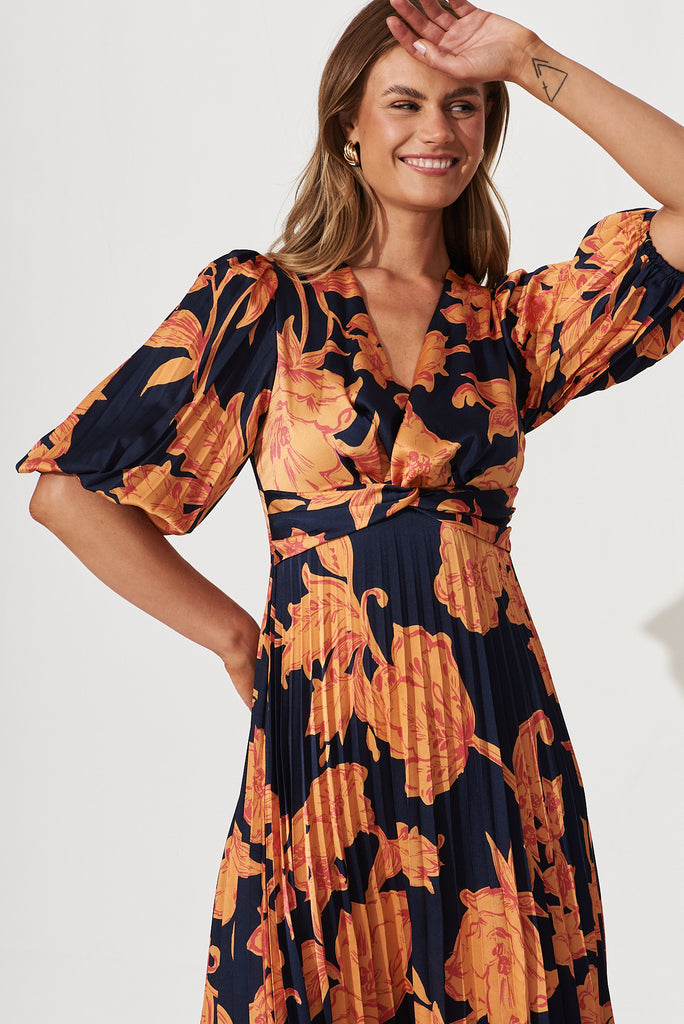 Florence Midi Dress In Navy With Apricot Floral Print Pleated Satin - front