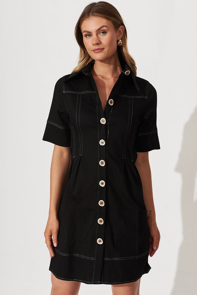 Soleil Shirt Dress In Black Cotton Blend - front