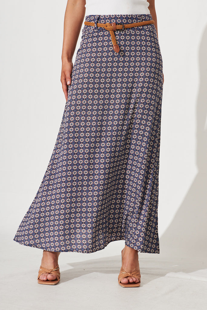 Josephine Maxi Skirt With Belt In Blue Tile Print - front