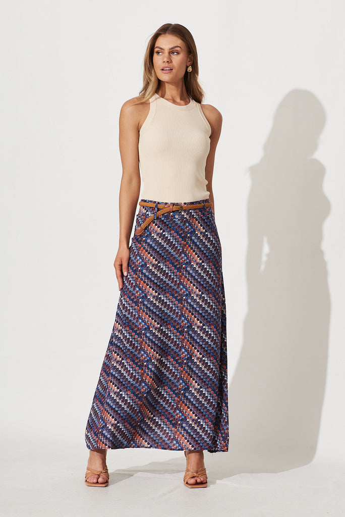 Josephine Maxi Skirt With Belt In Blue Retro Spots Print - full length