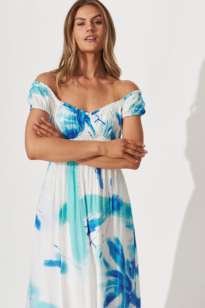 Lydia Midi Dress In White With Blue Brush Stroke Print - front