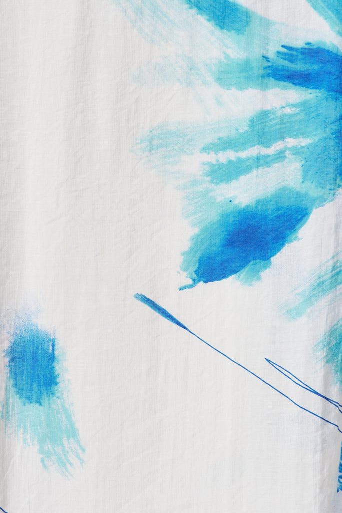 Lydia Midi Dress In White With Blue Brush Stroke Print - fabric