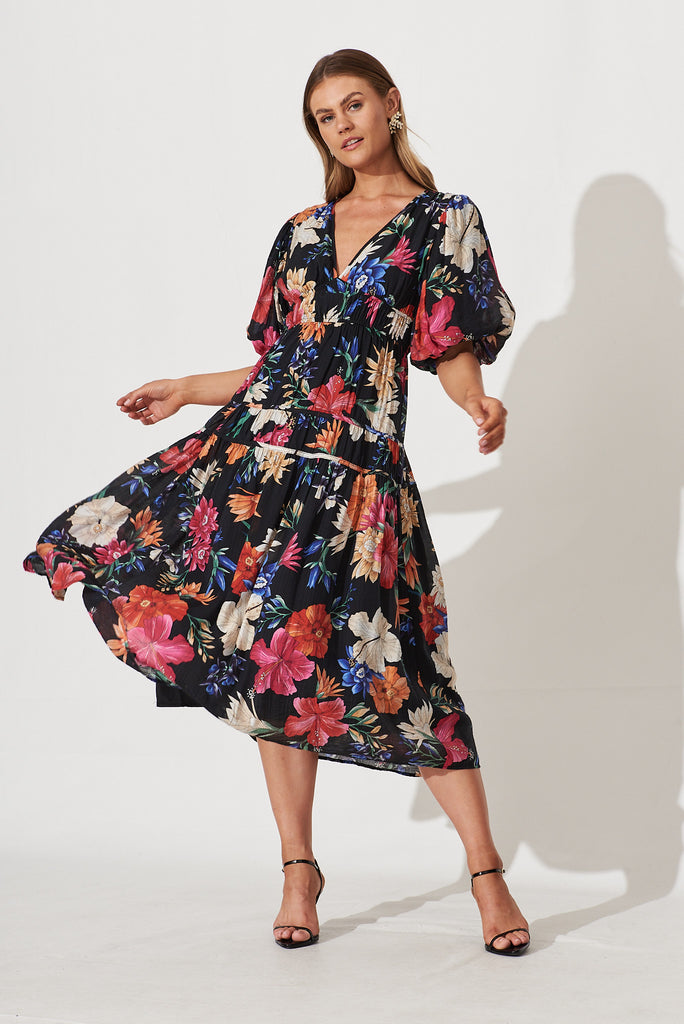Amalie Midi Dress In Black With Bright Multi Tropical Floral - full length