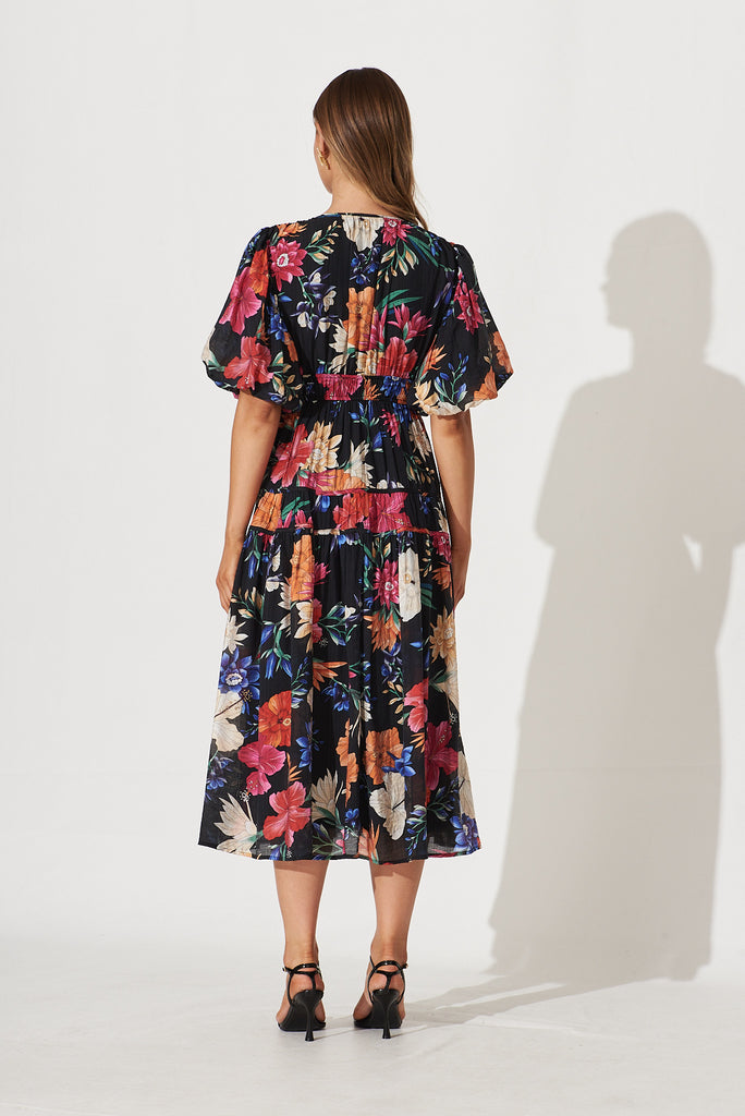 Amalie Midi Dress In Black With Bright Multi Tropical Floral - back