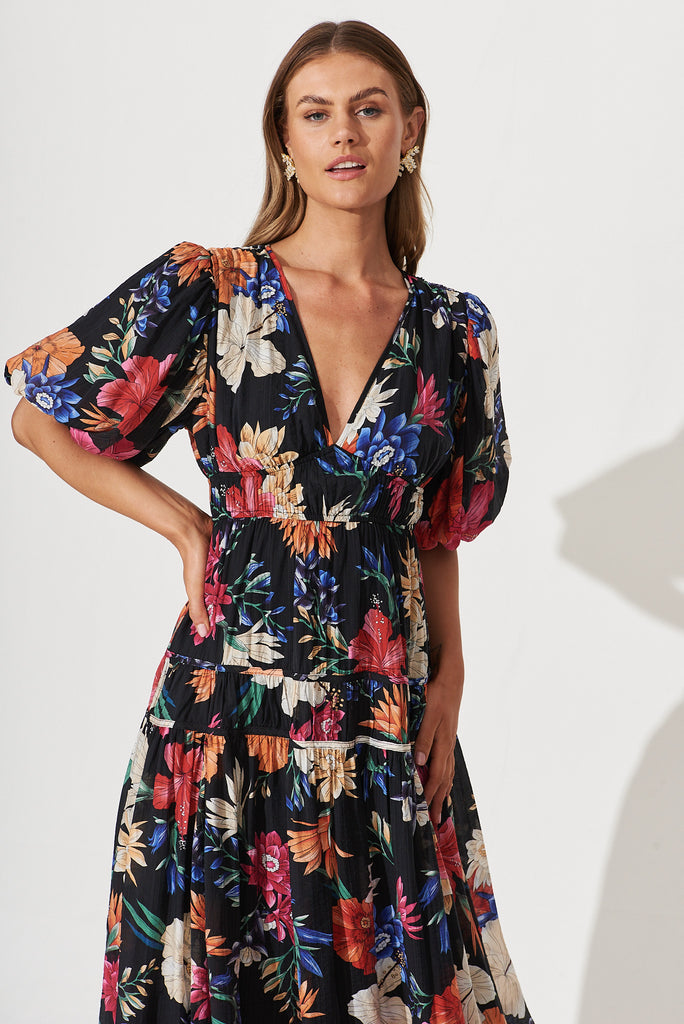 Amalie Midi Dress In Black With Bright Multi Tropical Floral - front