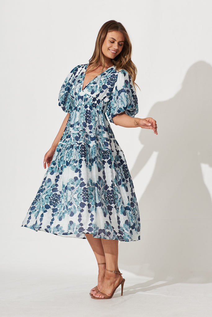 Amalie Midi Dress In Blue Leaf Print - full length
