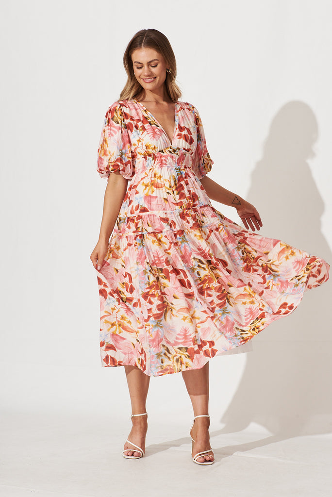 Amalie Midi Dress In Pink With Red Leaf Print - full length