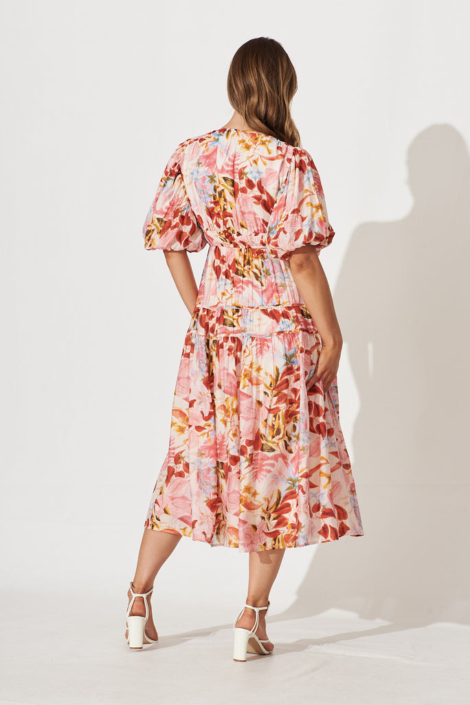 Amalie Midi Dress In Pink With Red Leaf Print - back
