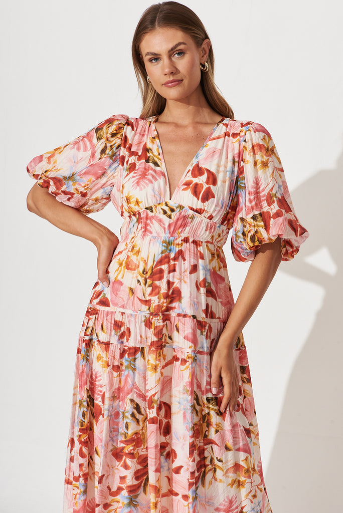 Amalie Midi Dress In Pink With Red Leaf Print - front