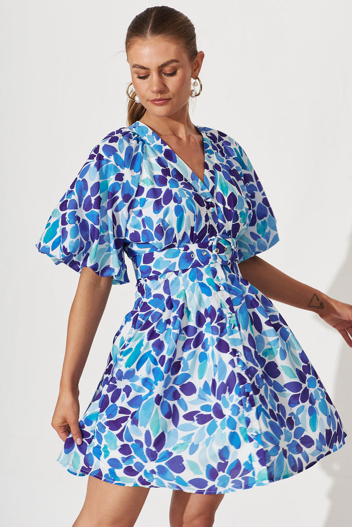 Onella Shirt Dress In Blue Floral Print - front