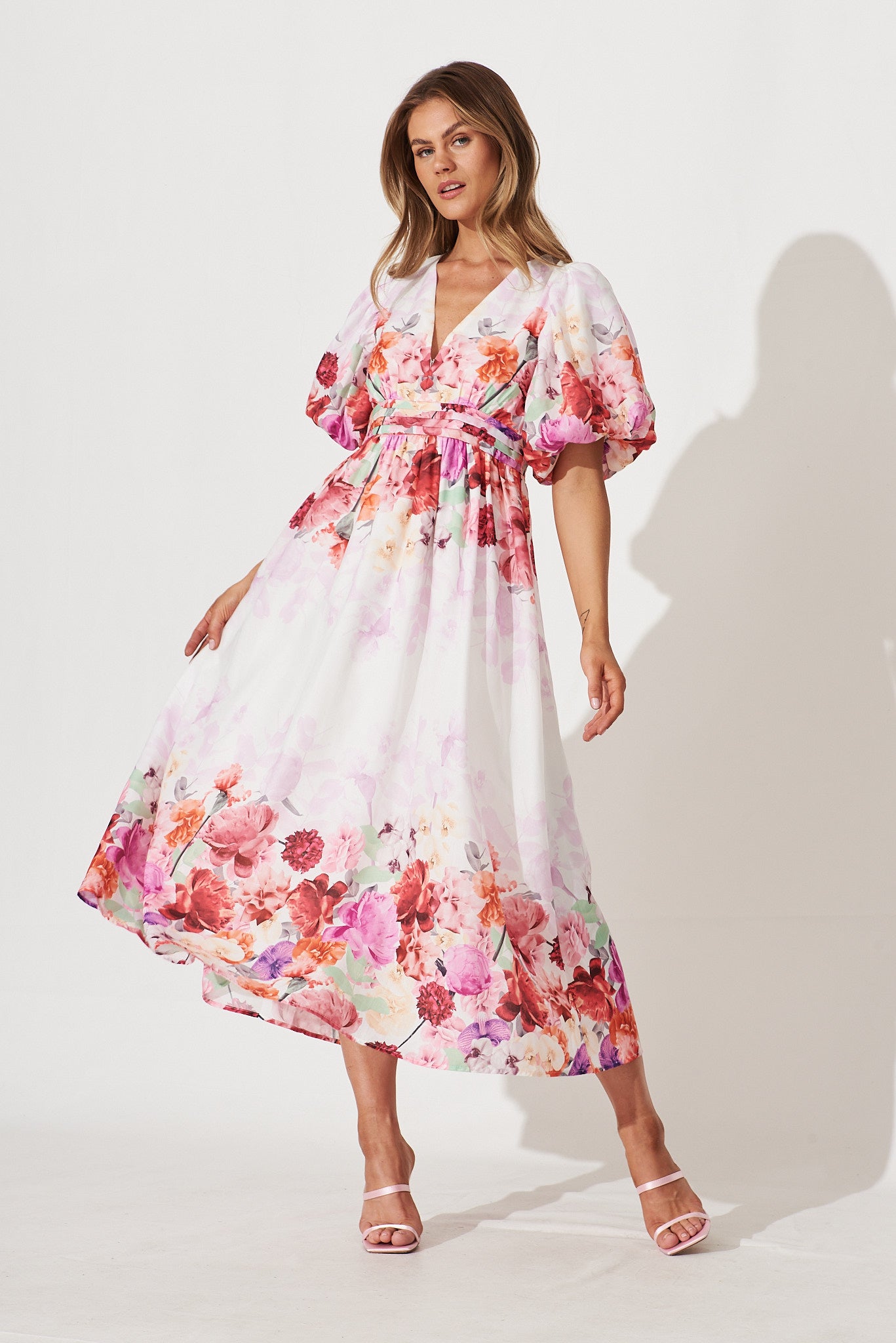 Divine Maxi Dress In White With Pink Multi Floral Print - full length
