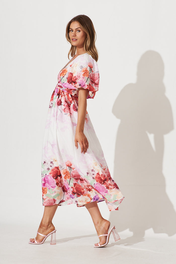 Divine Maxi Dress In White With Pink Multi Floral Print - side