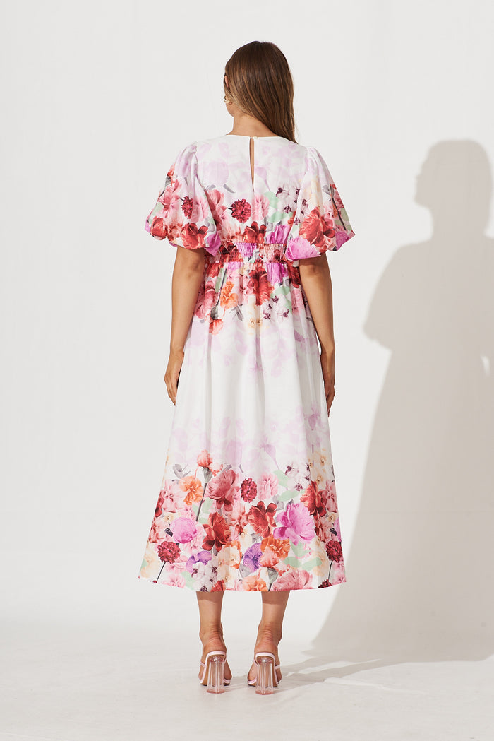 Divine Maxi Dress In White With Pink Multi Floral Print - back