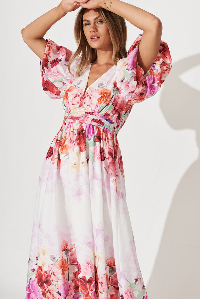 Divine Maxi Dress In White With Pink Multi Floral Print - front