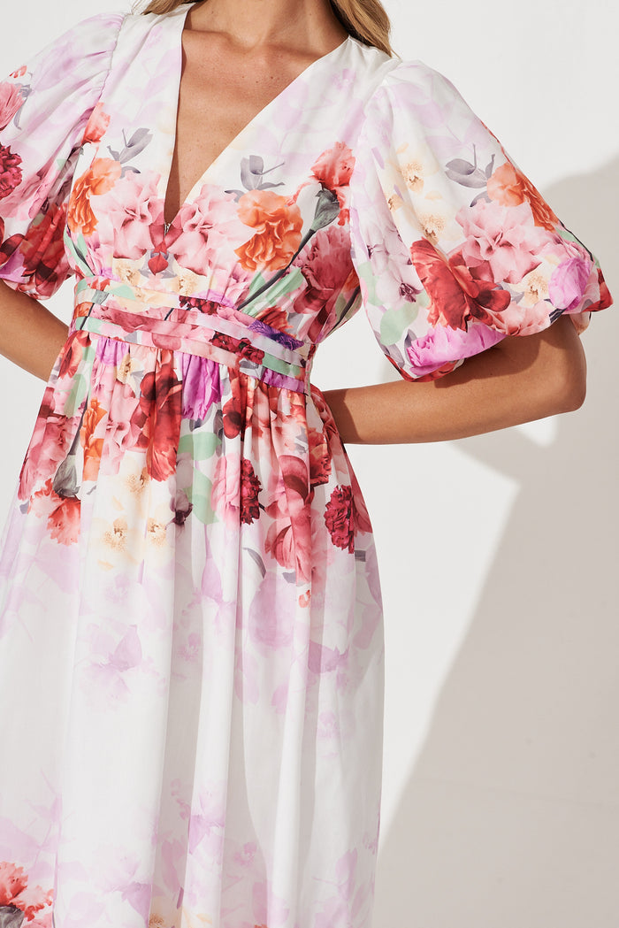 Divine Maxi Dress In White With Pink Multi Floral Print - detail