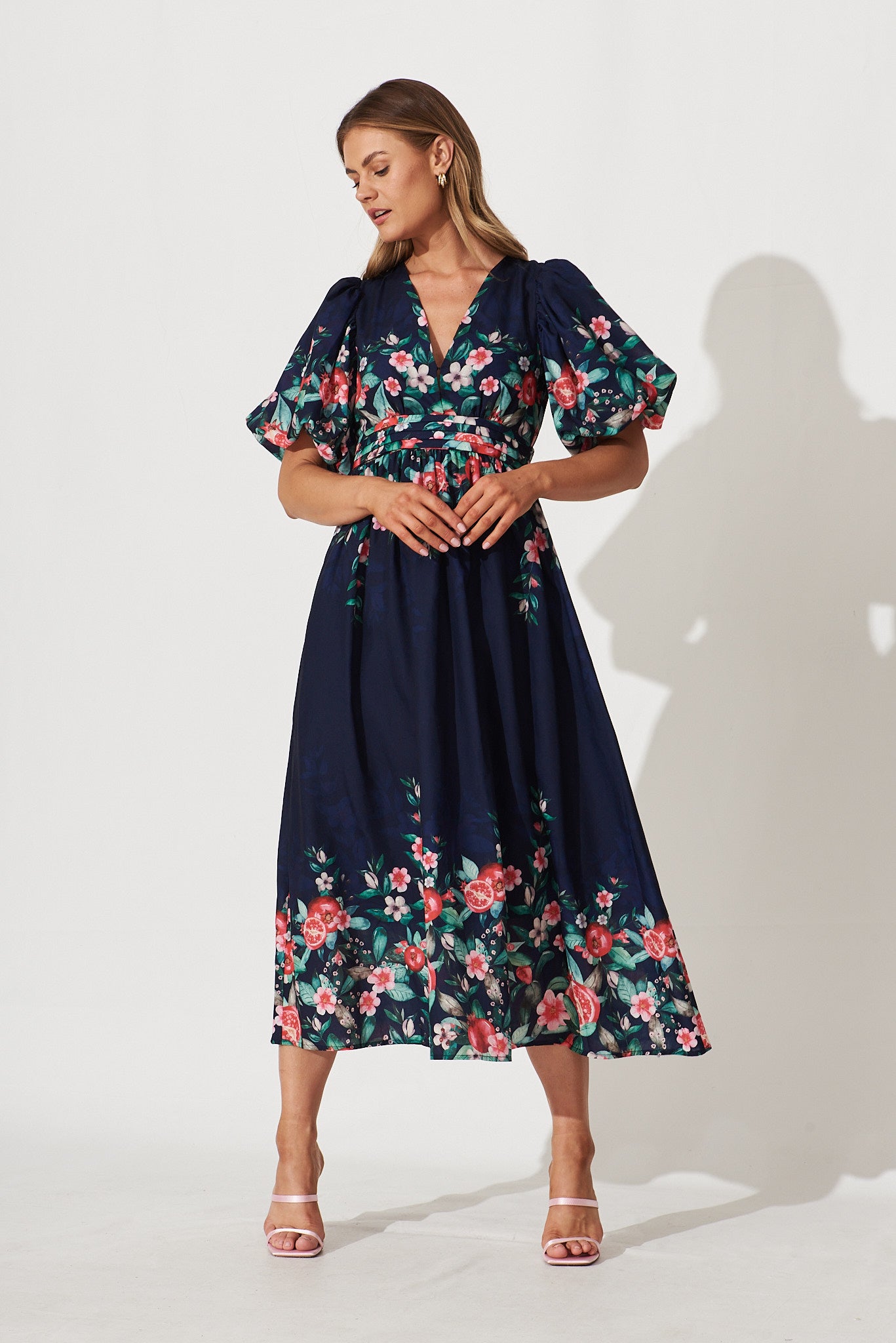 Divine Maxi Dress In Navy With Red Green Floral Print - full length
