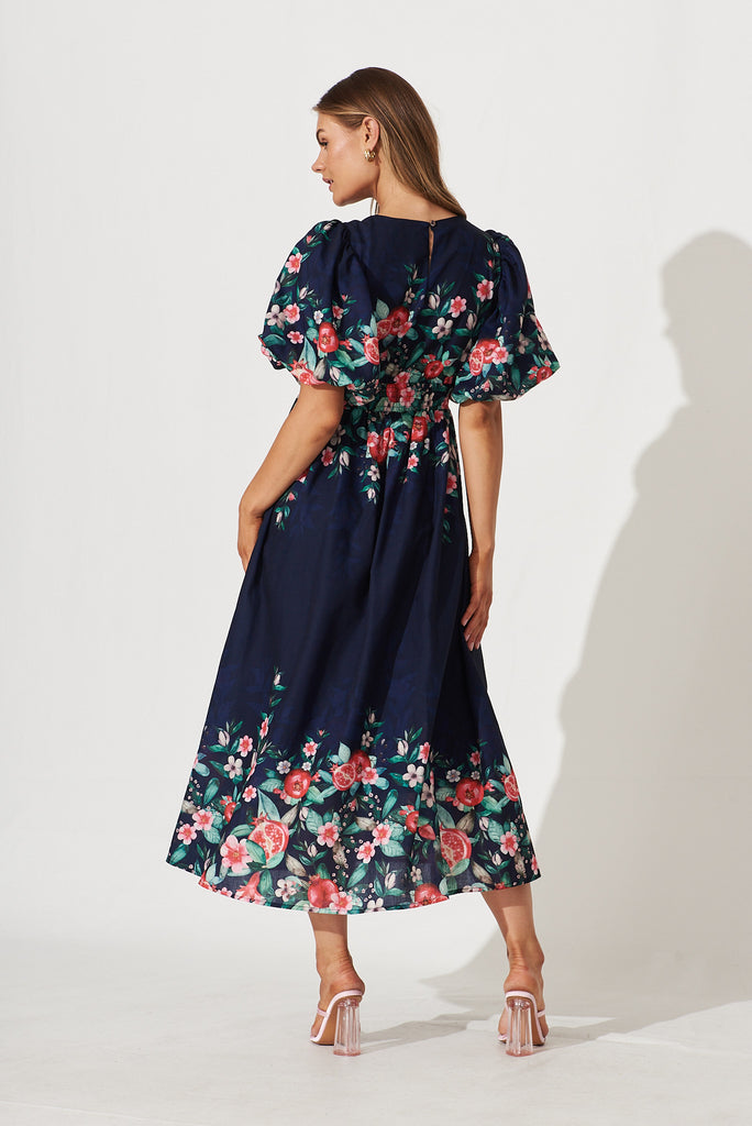 Divine Maxi Dress In Navy With Red Green Floral Print - back