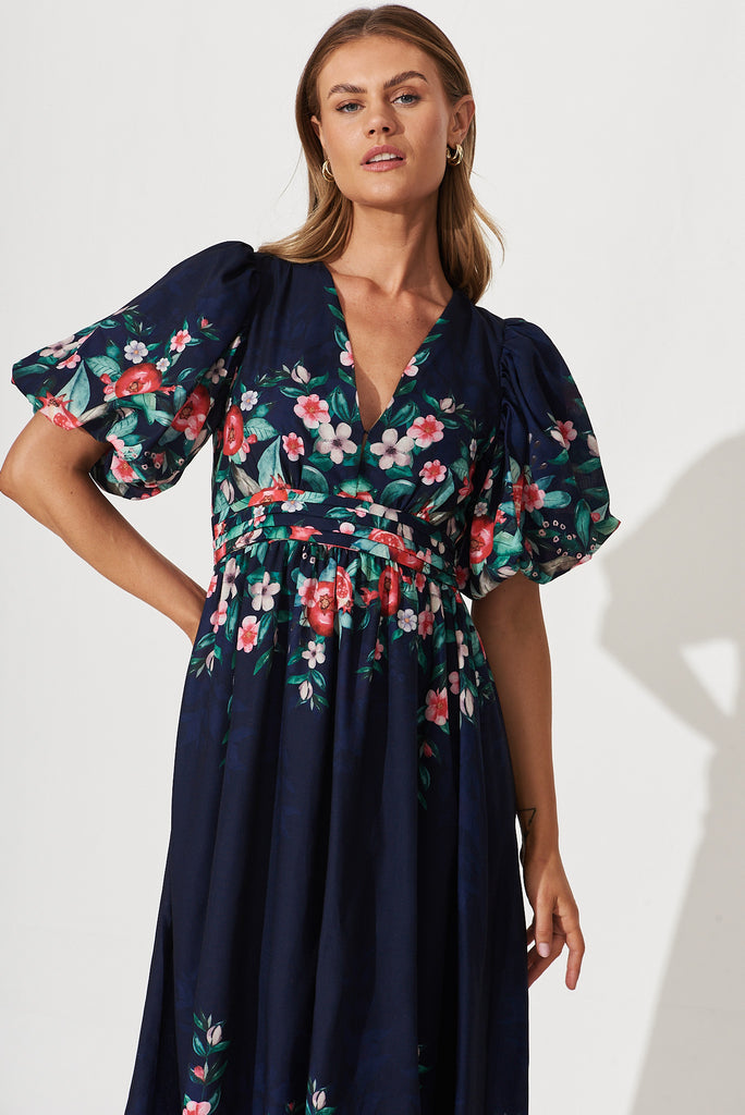 Divine Maxi Dress In Navy With Red Green Floral Print - front