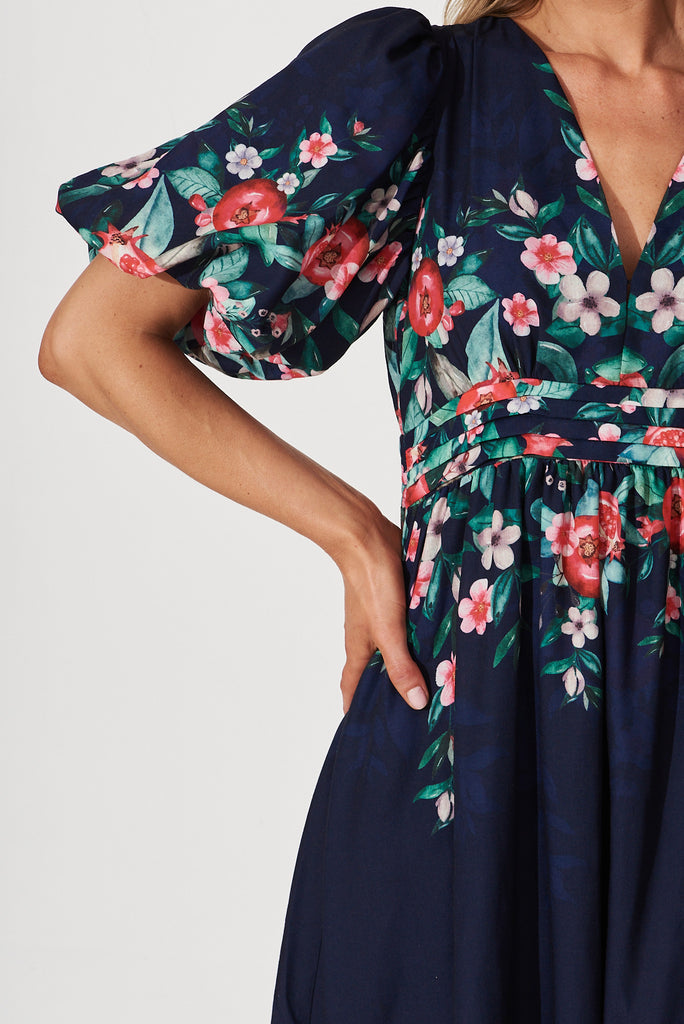 Divine Maxi Dress In Navy With Red Green Floral Print - detail