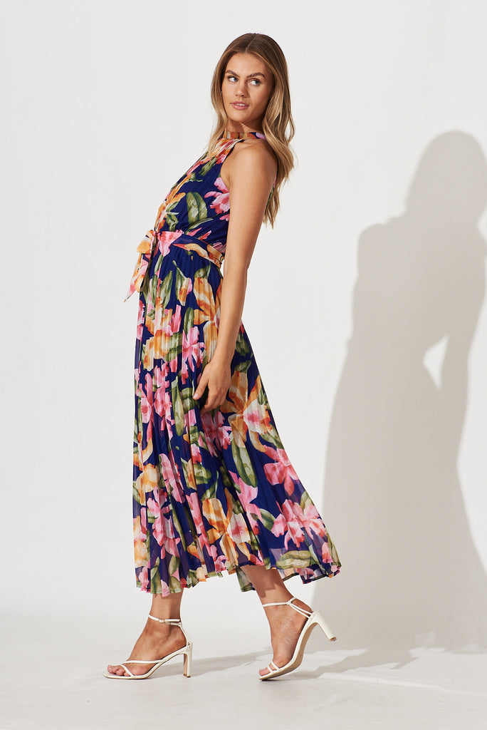 Aisha Maxi Dress In Blue With Multi Floral Pleated Lurex - side