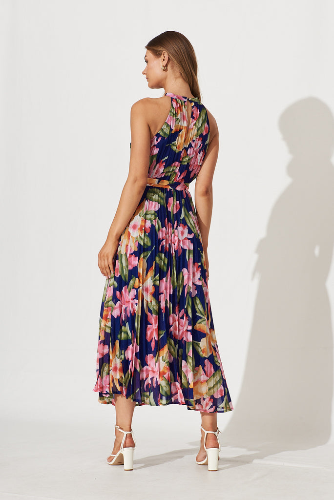 Aisha Maxi Dress In Blue With Multi Floral Pleated Lurex - back