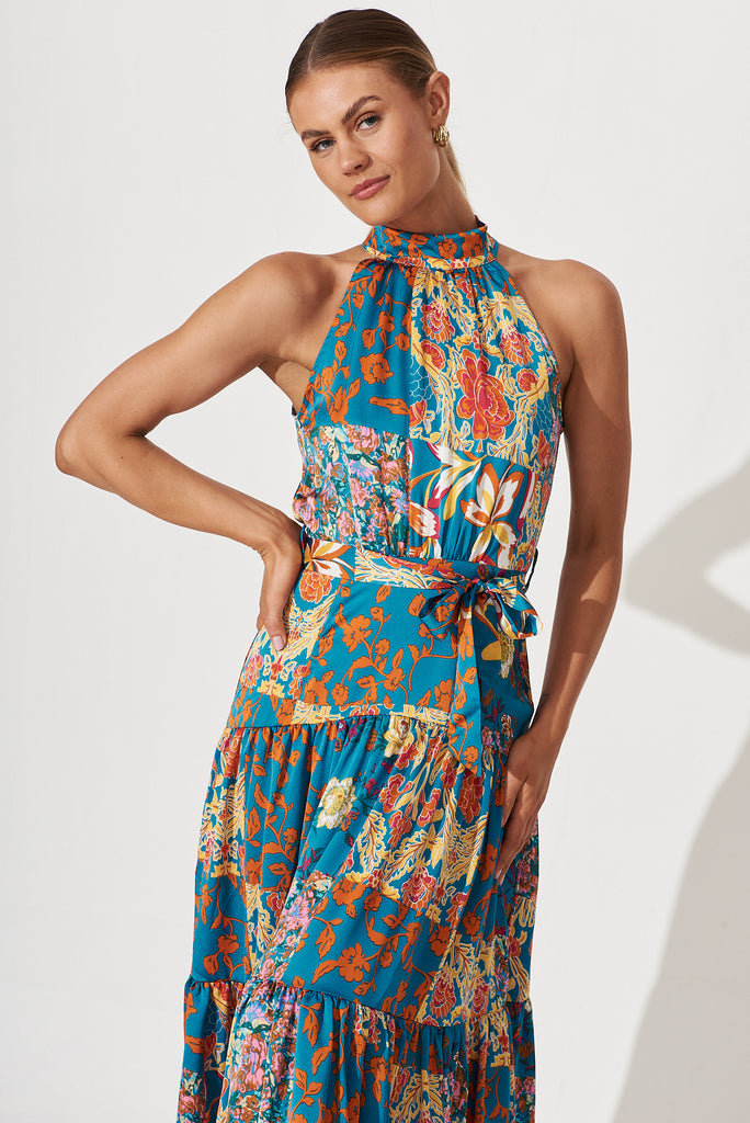 Khalo Dress In Blue Multi Patchwork Print - front