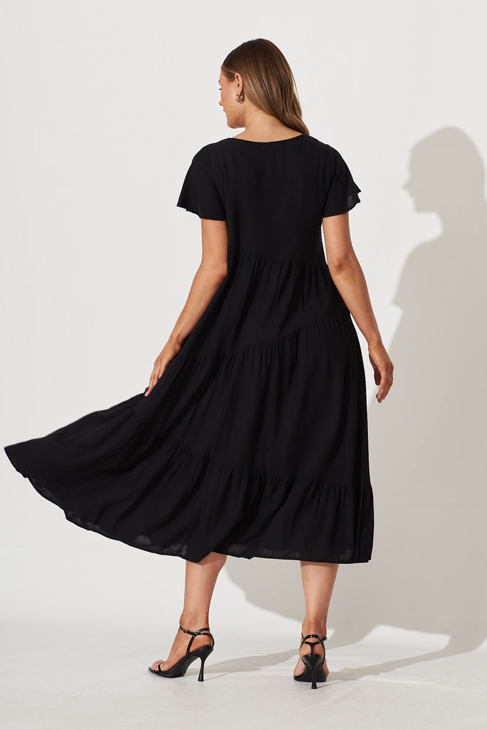Louisiana Midi Smock Dress In Black Linen Blend - back