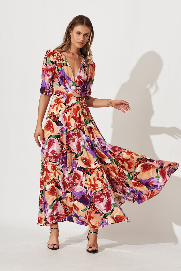 Ronda Wrap Dress In Pink With Purple Multi Floral - full length