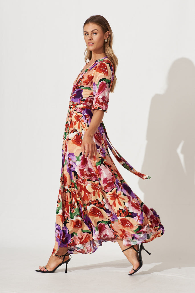 Ronda Wrap Dress In Pink With Purple Multi Floral - side