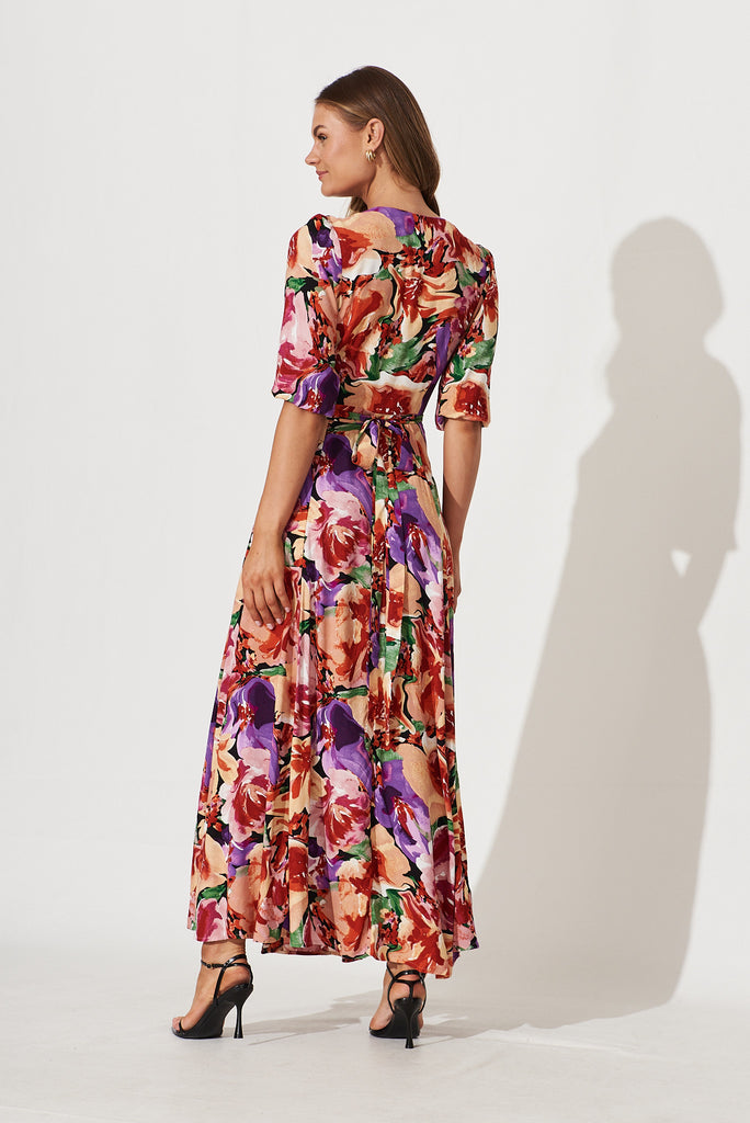 Ronda Wrap Dress In Pink With Purple Multi Floral - back