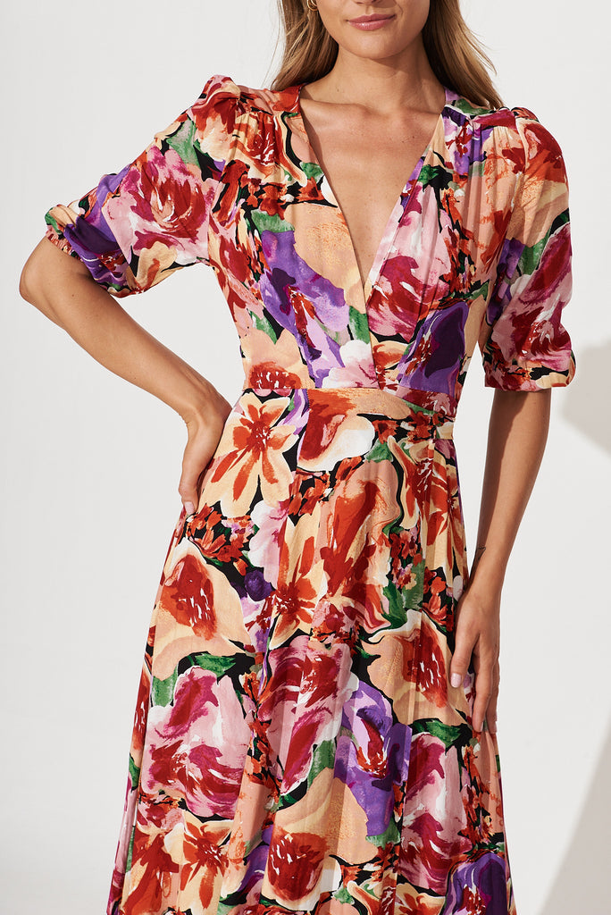 Ronda Wrap Dress In Pink With Purple Multi Floral - detail