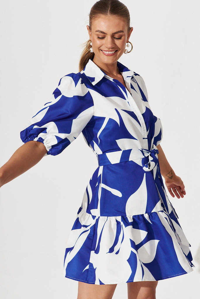 Fione Shirt Dress In Blue With White Print - front