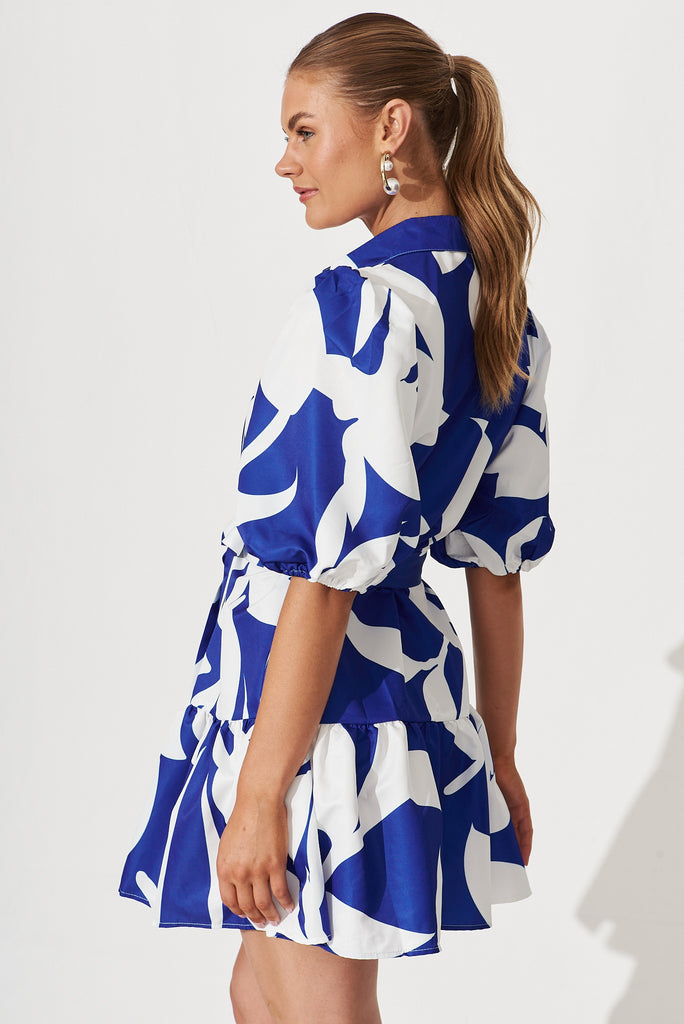 Fione Shirt Dress In Blue With White Print - side