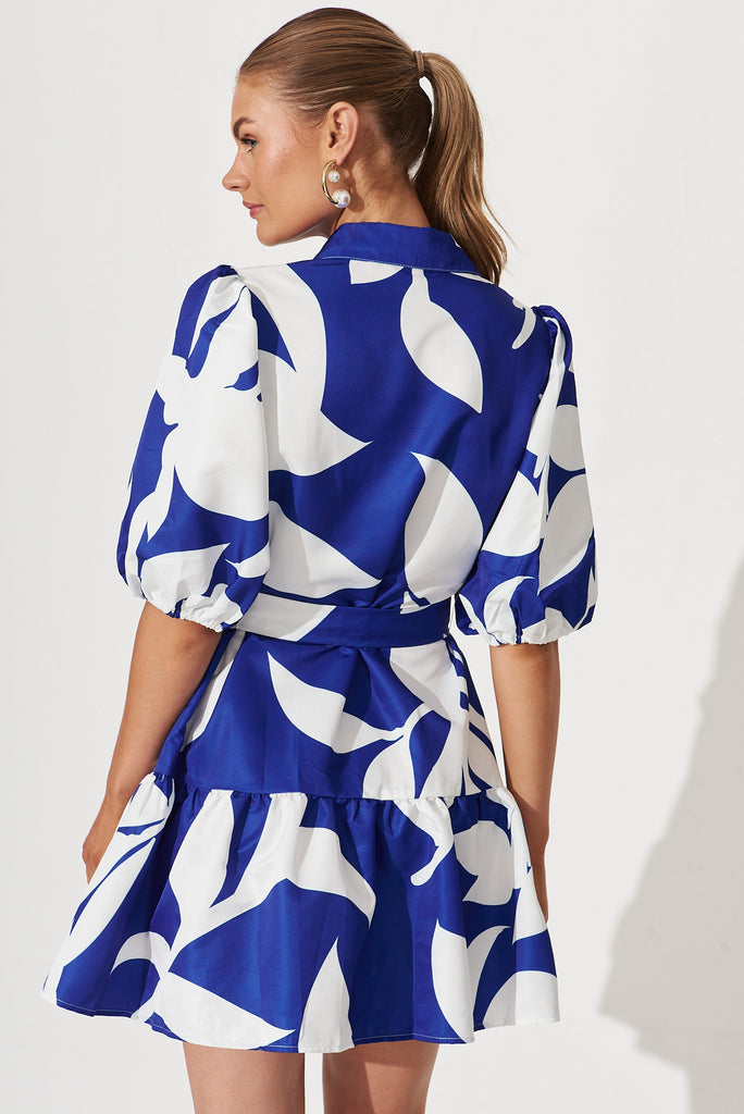 Fione Shirt Dress In Blue With White Print - back