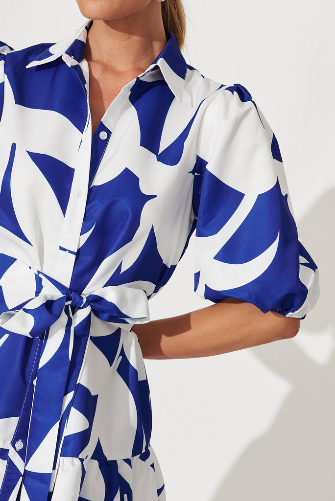 Fione Shirt Dress In Blue With White Print - detail