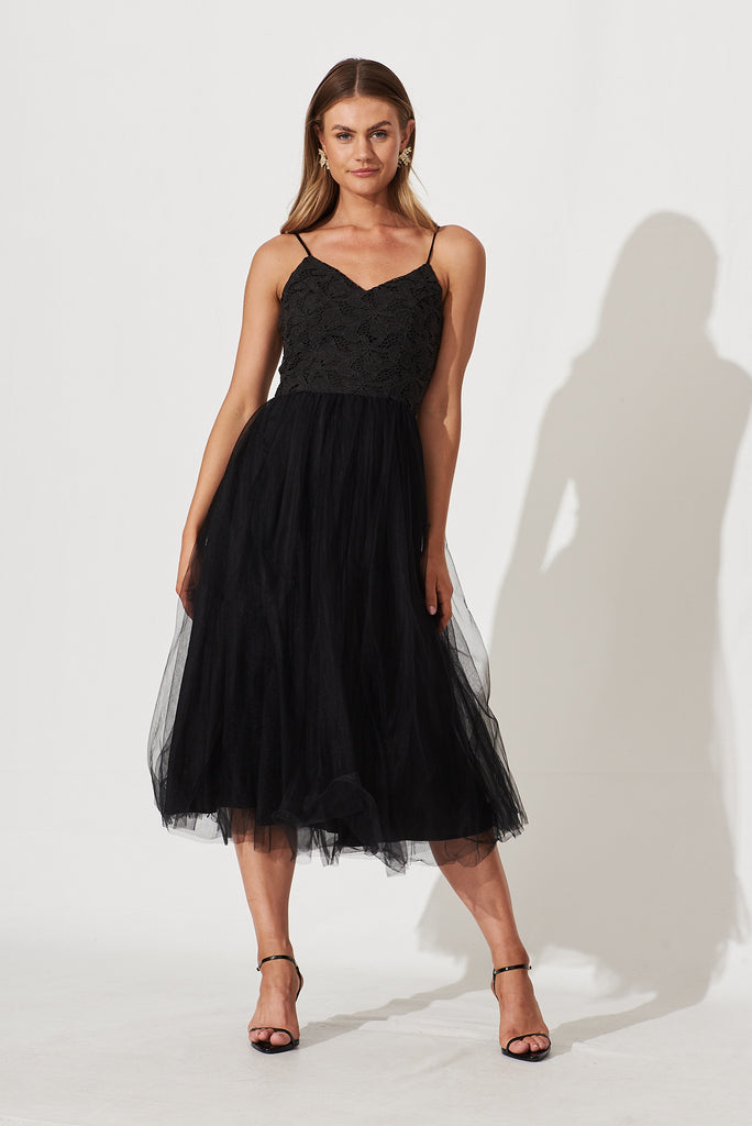 Chloe Midi Dress In Black Lace And Tulle Skirt - full length