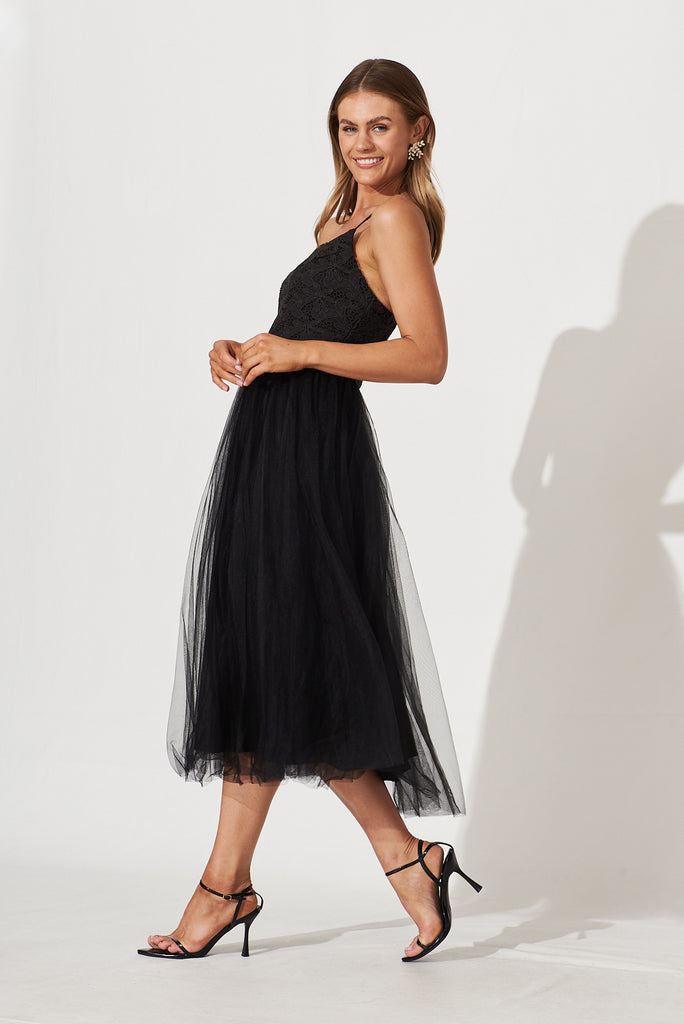 Chloe Midi Dress In Black Lace And Tulle Skirt - side