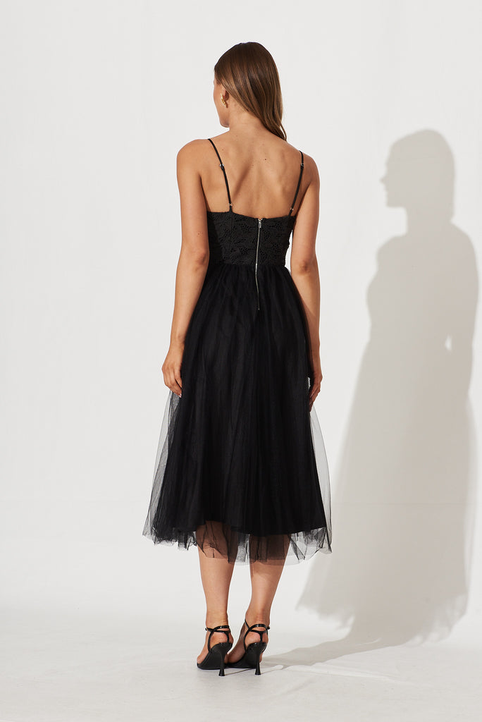 Chloe Midi Dress In Black Lace And Tulle Skirt - back