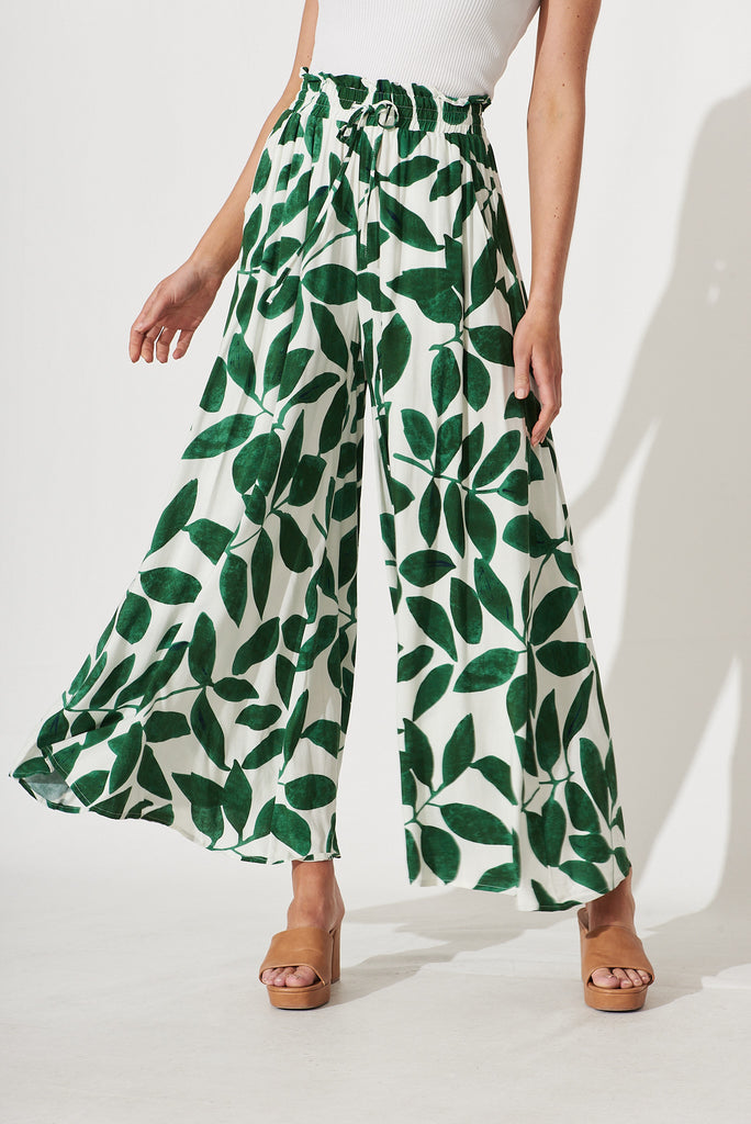 Mariah Pants In Cream With Green Leaf Print - front