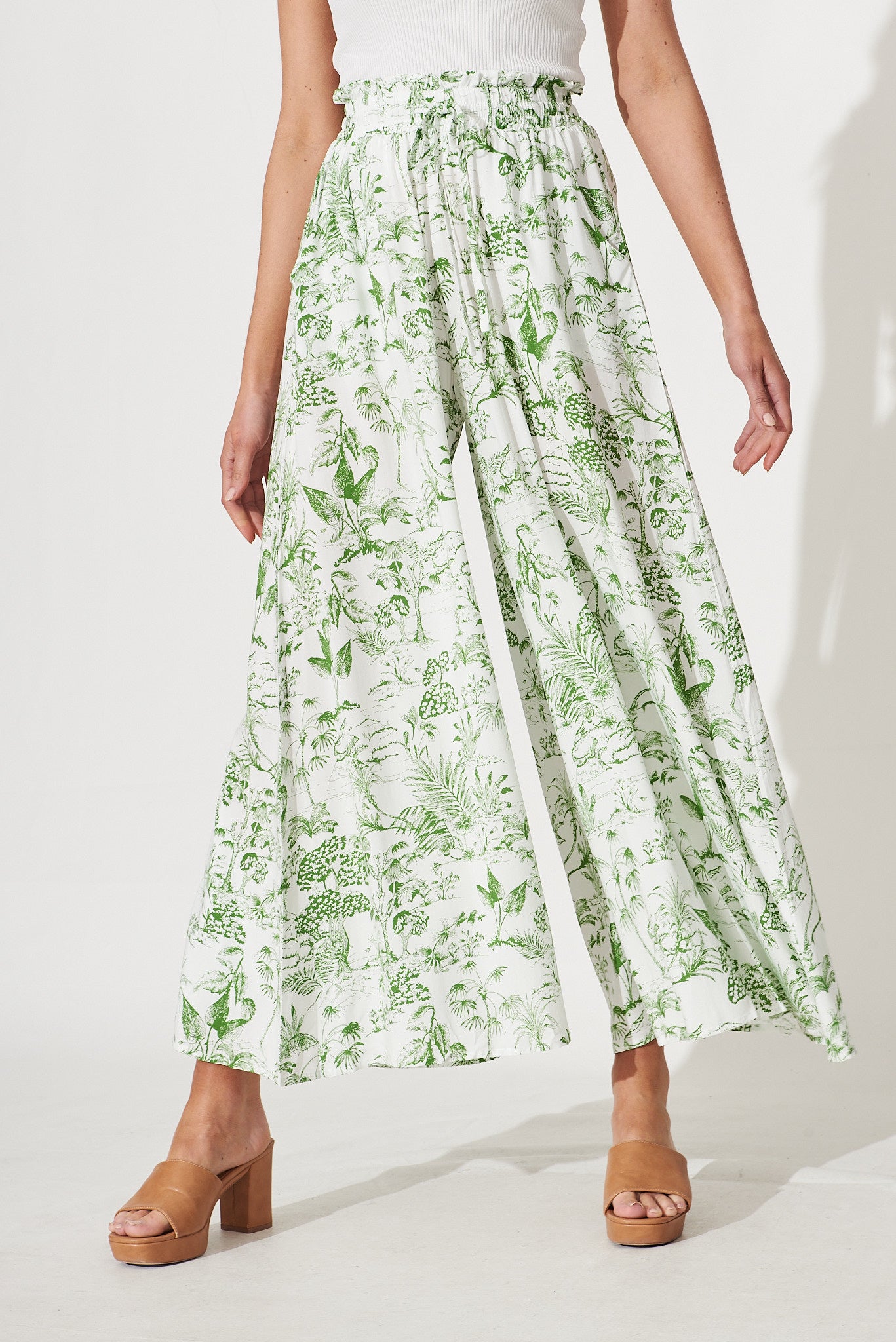 Mariah Pant In White With Green Palm Print – St Frock