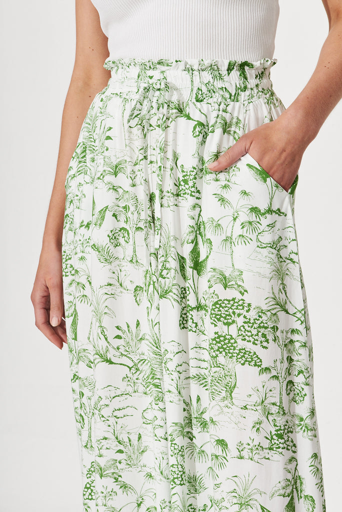 Mariah Pant In White With Green Palm Print - detail