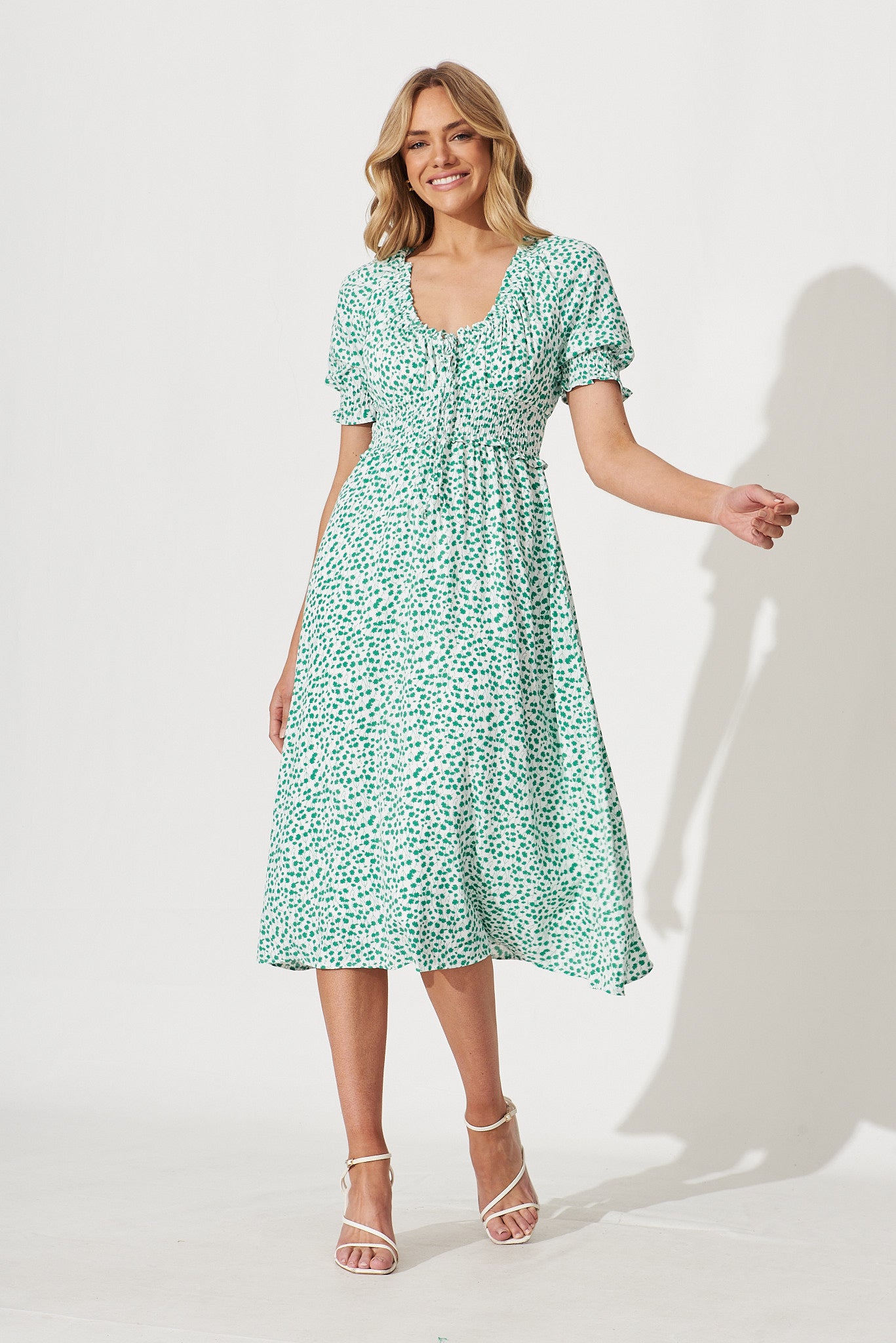 Lucille Midi Dress In White With Green Ditsy Floral St Frock