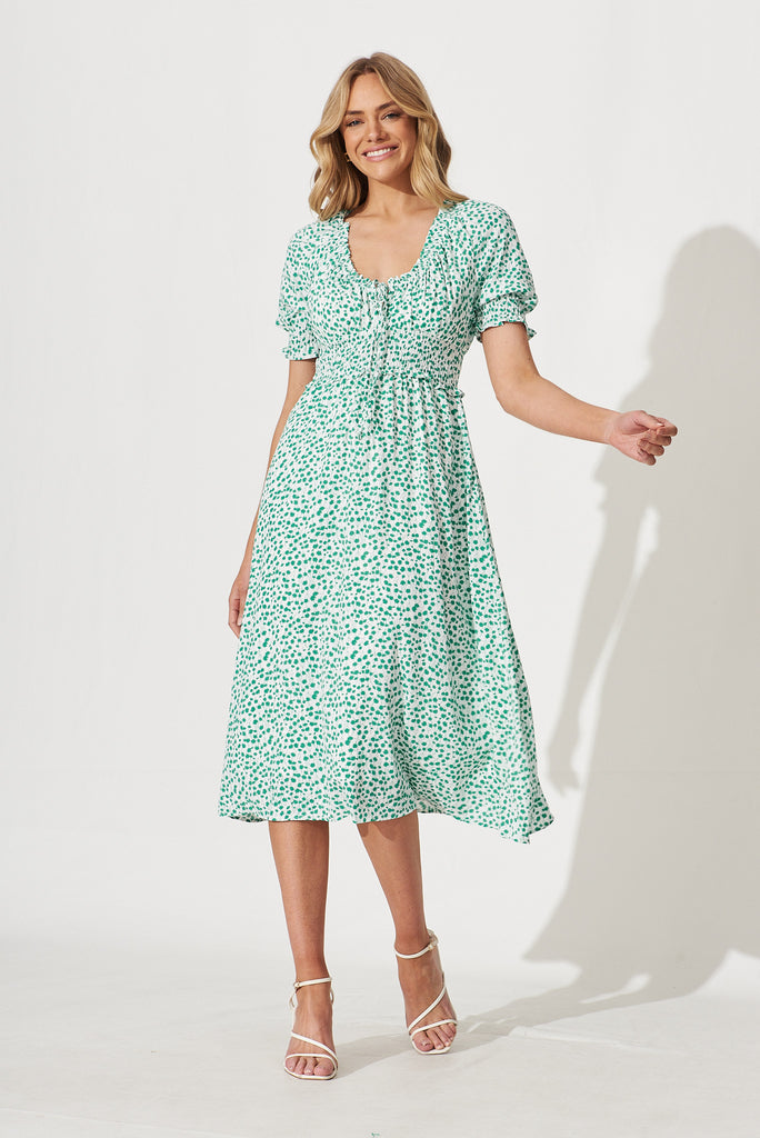 Lucille Midi Dress In White With Green Ditsy Floral - full length