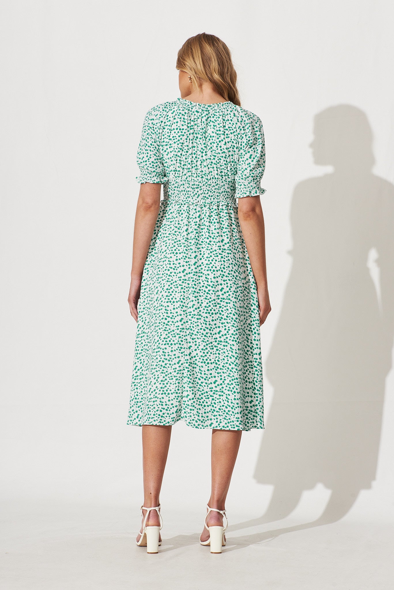 Lucille Midi Dress In White With Green Ditsy Floral – St Frock