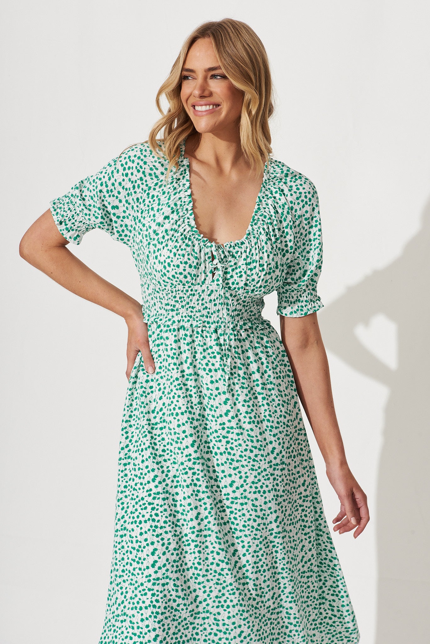Lucille Midi Dress In White With Green Ditsy Floral – St Frock